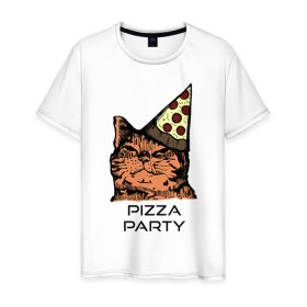 Мужская футболка хлопок с принтом PIZZA PARTY в Ухте, 100% хлопок | прямой крой, круглый вырез горловины, длина до линии бедер, слегка спущенное плечо. | party | pizza | pizza party | time | арт | веселье | время | для детей | животные | картинка | кот | котик | котики | пицца | пиццы | рисунок | рыжий кот