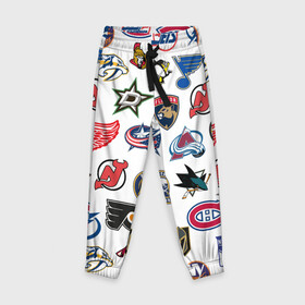 Детские брюки 3D с принтом NHL PATTERN в Ухте, 100% полиэстер | манжеты по низу, эластичный пояс регулируется шнурком, по бокам два кармана без застежек, внутренняя часть кармана из мелкой сетки | Тематика изображения на принте: anaheim ducks | arizona coyotes | boston bruins | buffalo sabres | calgary flames | canadiens de montreal | carolina hurricanes | chicago blackhawks | colorado avalanche | columbus blue jackets | dallas stars | detroit red wings | edmonton oil | hockey | 