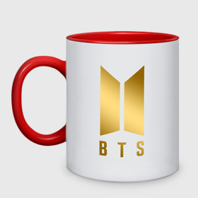 Кружка двухцветная с принтом BTS GOLD в Ухте, керамика | объем — 330 мл, диаметр — 80 мм. Цветная ручка и кайма сверху, в некоторых цветах — вся внутренняя часть | bangtan boys | bt21 | bts | rm | бтс | ви | джей хоуп | джонгук | сюга | чимин | чин