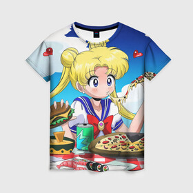 Женская футболка 3D с принтом Пицца Мун в Ухте, 100% полиэфир ( синтетическое хлопкоподобное полотно) | прямой крой, круглый вырез горловины, длина до линии бедер | anime | food | japan | manga | pizza | sailor moon | аниме | девочка | девушка | еда | лунная призма | манга | пицца | сейлор мун | сэйлор мун | япония