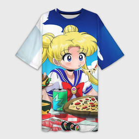 Платье-футболка 3D с принтом Пицца Мун в Ухте,  |  | anime | food | japan | manga | pizza | sailor moon | аниме | девочка | девушка | еда | лунная призма | манга | пицца | сейлор мун | сэйлор мун | япония