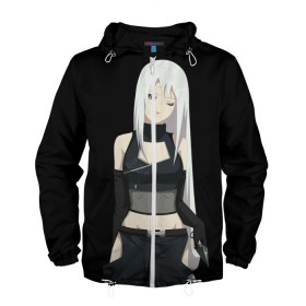 Мужская ветровка 3D с принтом Ninja Girl в Ухте, 100% полиэстер | подол и капюшон оформлены резинкой с фиксаторами, два кармана без застежек по бокам, один потайной карман на груди | Тематика изображения на принте: аниме | девушка | длинные волосы | кунаи | милая девушка | ниндзя | черная одежда