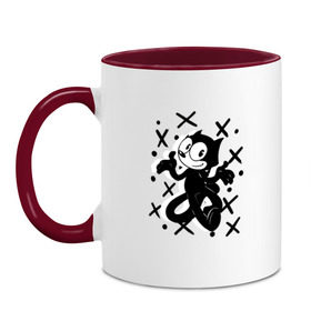 Кружка двухцветная с принтом Felix The Cat в Ухте, керамика | объем — 330 мл, диаметр — 80 мм. Цветная ручка и кайма сверху, в некоторых цветах — вся внутренняя часть | cat | felix | the | детские | женские | и | кот | кота | кошка | мужские | принт | с котами | с котом | с кошкой | с принтом | супер | супер кот | феликс | черная | черного кота | черной | черный