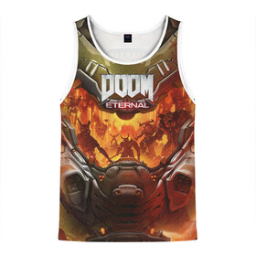 Мужская майка 3D с принтом DOOM ETERNAL в Ухте, 100% полиэстер | круглая горловина, приталенный силуэт, длина до линии бедра. Пройма и горловина окантованы тонкой бейкой | Тематика изображения на принте: demons | devil | doom | doom eternal | doom slayer | hell | slayer | ад | демоны | дум