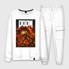 Мужской костюм хлопок с принтом DOOM ETERNAL в Ухте, 100% хлопок | на свитшоте круглая горловина, мягкая резинка по низу. Брюки заужены к низу, на них два вида карманов: два “обычных” по бокам и два объемных, с клапанами, расположенные ниже линии бедра. Брюки с мягкой трикотажной резинкой на поясе и по низу штанин. В поясе для дополнительного комфорта — широкие завязки | demons | devil | doom | doom eternal | doom slayer | hell | slayer | ад | демоны | дум