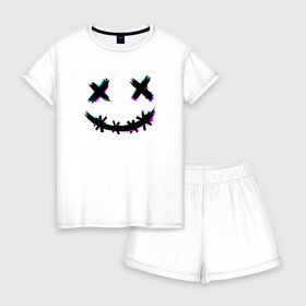 Женская пижама с шортиками хлопок с принтом Glitch Smile в Ухте, 100% хлопок | футболка прямого кроя, шорты свободные с широкой мягкой резинкой | glitch | smile | глитч | глич | неон | психодел | психоделика | смайл | смайлик | улыбка