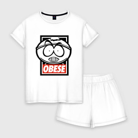 Женская пижама с шортиками хлопок с принтом OBESE в Ухте, 100% хлопок | футболка прямого кроя, шорты свободные с широкой мягкой резинкой | cartman | kenny | park | south | southpark | картман | кенни | мульт | мультик | парк | персонаж | персонажи | сериал | южный
