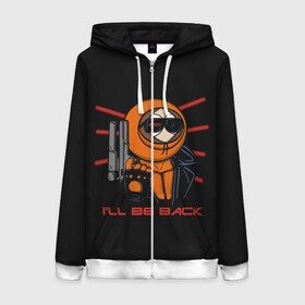 Женская толстовка 3D на молнии с принтом K-800 в Ухте, 100% полиэстер | длина до линии бедра, манжеты и пояс оформлены мягкой тканевой резинкой, двухслойный капюшон со шнурком для регулировки, спереди молния, по бокам два кармана | cartman | kenny | park | south | southpark | terminator | картман | кенни | мульт | мультик | парк | персонаж | персонажи | сериал | терминатор | южный