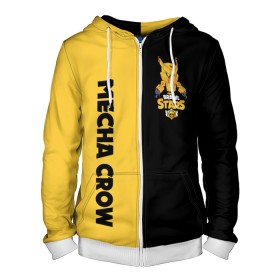 Мужская толстовка 3D на молнии с принтом Brawl stars mecha crow. в Ухте, 100% полиэстер | длина до линии бедра, манжеты и пояс оформлены мягкой тканевой резинкой, двухслойный капюшон со шнурком для регулировки, спереди молния, по бокам два кармана | 8 bit | bibi | brawl stars | colt | crow | el brown | leon | leon shark | max | mecha | mecha crow | mr.p | sally leon | shark | virus 8 bit | берли | биби | бравл старс | ворон | кольт | леон | макс | шелли