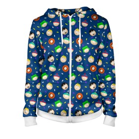 Женская толстовка 3D на молнии с принтом South Park в Ухте, 100% полиэстер | длина до линии бедра, манжеты и пояс оформлены мягкой тканевой резинкой, двухслойный капюшон со шнурком для регулировки, спереди молния, по бокам два кармана | butters | cartman | coon | eric | fracture but whole | kenny | kyle | south park | stan | stick of truth | кайл | картман | кенни | саус парк | стэн | южный парк