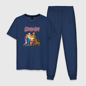 Мужская пижама хлопок с принтом Scooby-Doo в Ухте, 100% хлопок | брюки и футболка прямого кроя, без карманов, на брюках мягкая резинка на поясе и по низу штанин
 | Тематика изображения на принте: fred jones | scooby doo | scrappy doo | shaggy | vdosadir | velma dinkle | велма динкли | дафна блейк | скуберт фон дуенхеймер | скуби ду | уильям ханна | фред джонс | шегги