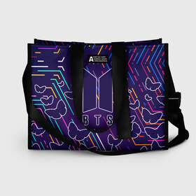 Сумка-шоппер 3D с принтом BTS в Ухте, 100% полиэстер | застегивается на металлическую кнопку; внутренний карман застегивается на молнию. Стенки укреплены специальным мягким материалом, чтобы защитить содержимое от несильных ударов
 | bangtan | bighit | boy | fake love | j hope | jimin | jin | jungkook | korea | kpop | live | luv | mic drop | rm | suga | v | with | бтс | кей | поп