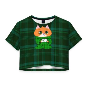 Женская футболка Crop-top 3D с принтом Котёнок в пледе в Ухте, 100% полиэстер | круглая горловина, длина футболки до линии талии, рукава с отворотами | cat | kitty | в пледе | кот | кот в пледе | котенок | котёнок в | котик | кошка | с кружкой | с чашкой | сберкот | сберкот с кружкой | со стаканом | стикер | стикер со сберкотом
