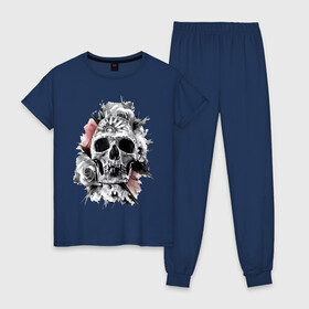 Женская пижама хлопок с принтом Skull в Ухте, 100% хлопок | брюки и футболка прямого кроя, без карманов, на брюках мягкая резинка на поясе и по низу штанин | flower | grin | jaw | orbits | rose | skull | teeth | глазницы | зубы | оскал | пасть | роза | цветок | череп