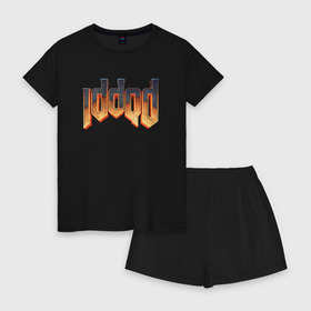 Женская пижама с шортиками хлопок с принтом IDDQD DOOM в Ухте, 100% хлопок | футболка прямого кроя, шорты свободные с широкой мягкой резинкой | demons | devil | doom | doom eternal | doom guy | doom slayer | hell | iddqd | slayer | ад | демоны | дум | палач рока