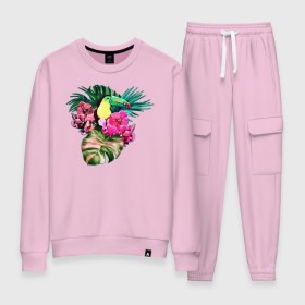 Женский костюм хлопок с принтом Тукан в Ухте, 100% хлопок | на свитшоте круглая горловина, мягкая резинка по низу. Брюки заужены к низу, на них два вида карманов: два 