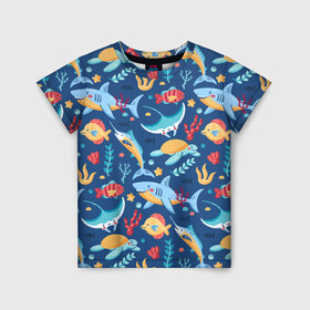 Детская футболка 3D с принтом Подводный арт в Ухте, 100% гипоаллергенный полиэфир | прямой крой, круглый вырез горловины, длина до линии бедер, чуть спущенное плечо, ткань немного тянется | Тематика изображения на принте: акула | акулы | коралл | кораллы | море | моря | мульт | мультик | мультяшное | океан | океаны | подводный мир. вода | растение | растения | рыба | рыбы | скат | скаты | черепаха | черепахи