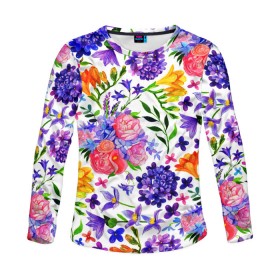Женский лонгслив 3D с принтом Весенняя пора | Акварель в Ухте, 100% полиэстер | длинные рукава, круглый вырез горловины, полуприлегающий силуэт | 2020 | palm | spring | summer | весенняя | весна | детская | женская | летняя | лето | маска | мужская | пальмы | повседневная | прикольная | солнечная | цветная | яркая