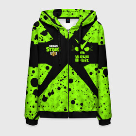 Мужская толстовка 3D на молнии с принтом Brawl Stars VIRUS 8-BIT в Ухте, 100% полиэстер | длина до линии бедра, манжеты и пояс оформлены мягкой тканевой резинкой, двухслойный капюшон со шнурком для регулировки, спереди молния, по бокам два кармана | 8 bit | 8 бит | 8bit | brawl | crow | game | leon | sally | spike | stars | virus | бравл | вирус | ворон | игра | леон | салли | спайк | старз | старс