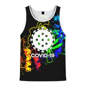 Мужская майка 3D с принтом COVID-19 NEW в Ухте, 100% полиэстер | круглая горловина, приталенный силуэт, длина до линии бедра. Пройма и горловина окантованы тонкой бейкой | Тематика изображения на принте: covid 19 | molecule | абстракция | клетки | коронавирус | медицина | микробы | молекулы | наука | нейрон | нейроны | текстура | текстуры | формула