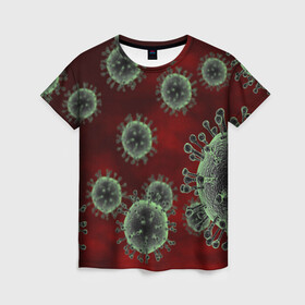 Женская футболка 3D с принтом COVID-19 в Ухте, 100% полиэфир ( синтетическое хлопкоподобное полотно) | прямой крой, круглый вырез горловины, длина до линии бедер | covid 19 | molecule | абстракция | клетки | коронавирус | медицина | микробы | молекулы | наука | нейрон | нейроны | текстура | текстуры | формула