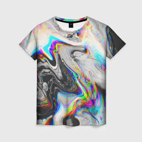 Женская футболка 3D с принтом DIGITAL ABSTRACT GLITCH в Ухте, 100% полиэфир ( синтетическое хлопкоподобное полотно) | прямой крой, круглый вырез горловины, длина до линии бедер | Тематика изображения на принте: abstraction | geometry | glitch | hexagon | neon | paints | stripes | texture | triangle | абстракция | брызги | геометрия | глитч | краски | неон | неоновый | соты | текстура