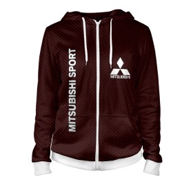 Женская толстовка 3D на молнии с принтом MITSUBISHI CARBON в Ухте, 100% полиэстер | длина до линии бедра, манжеты и пояс оформлены мягкой тканевой резинкой, двухслойный капюшон со шнурком для регулировки, спереди молния, по бокам два кармана | carbon | mitsubishi | sport | авто | автомобиль | карбон | лого | логотип | митсубиси | митсубиши | спорт | текстура