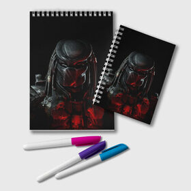 Блокнот с принтом PREDATOR ХИЩНИК в Ухте, 100% бумага | 48 листов, плотность листов — 60 г/м2, плотность картонной обложки — 250 г/м2. Листы скреплены удобной пружинной спиралью. Цвет линий — светло-серый
 | Тематика изображения на принте: aliens | avp | black | cinema | predator | кино | фильм хищник | фильмы | хищник | чёрный | чужой