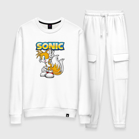 Женский костюм хлопок с принтом Sonic в Ухте, 100% хлопок | на свитшоте круглая горловина, мягкая резинка по низу. Брюки заужены к низу, на них два вида карманов: два 