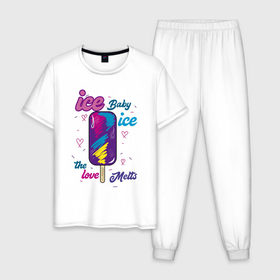 Мужская пижама хлопок с принтом Ice Baby Летнее мороженое в Ухте, 100% хлопок | брюки и футболка прямого кроя, без карманов, на брюках мягкая резинка на поясе и по низу штанин
 | ice baby | love | летнее | любовь | мороженое | сладости | эскимо