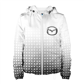 Женская куртка 3D с принтом Mazda в Ухте, ткань верха — 100% полиэстер, подклад — флис | прямой крой, подол и капюшон оформлены резинкой с фиксаторами, два кармана без застежек по бокам, один большой потайной карман на груди. Карман на груди застегивается на липучку | mazda | mazda лого | mazda марка | mazda эмблема | значок mazda | лого авто | лого автомобиля | логотип mazda | логотип мазда | мазда | мазда значок | мазда лого | мазда эмблема | черно белый