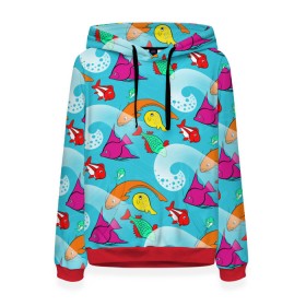 Женская толстовка 3D с принтом рыбки и море паттерн в Ухте, 100% полиэстер  | двухслойный капюшон со шнурком для регулировки, мягкие манжеты на рукавах и по низу толстовки, спереди карман-кенгуру с мягким внутренним слоем. | бирюзовый | девочке | море | на лето | подарок | подростку | позитив | рыбки | яркая вещь