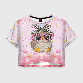Женская футболка Crop-top 3D с принтом Милая совушка в очках в Ухте, 100% полиэстер | круглая горловина, длина футболки до линии талии, рукава с отворотами | Тематика изображения на принте: девочка | милашка | милая | милая сова | облака | облачка | сова | сова в очках | сова девочка | совенок | совушка