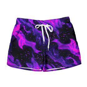 Женские шорты 3D с принтом ФИОЛЕТОВЫЙ ОГОНЬ в Ухте, 100% полиэстер | прямой крой, два кармана без застежек по бокам. Мягкая трикотажная резинка на поясе, внутри которой широкие завязки. Длина до середины бедра | abstraction | bright | fire | flame | geometry | heat | hexagon | light | neon | texture | triangle | wildfire | абстракция | геометрия | искры | неон | неоновый | огненный | огонь | пламя | пожар | соты | текстура