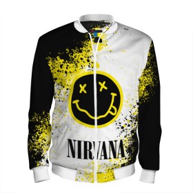 Мужской бомбер 3D с принтом NIRVANA в Ухте, 100% полиэстер | застегивается на молнию, по бокам два кармана без застежек, по низу бомбера и на воротнике - эластичная резинка | Тематика изображения на принте: nirvana | nirvana smells like | rock | teen spirit | курт кобейн | нирвана | песни | рок.