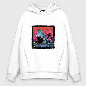 Мужское худи Oversize хлопок с принтом White Shark в Ухте, френч-терри — 70% хлопок, 30% полиэстер. Мягкий теплый начес внутри —100% хлопок | боковые карманы, эластичные манжеты и нижняя кромка, капюшон на магнитной кнопке | Тематика изображения на принте: белая акула | животные | зубы | лето | море | опасный | пальмы | пляж | природа | ретро | рыба | хищник | челюсть | чудовище