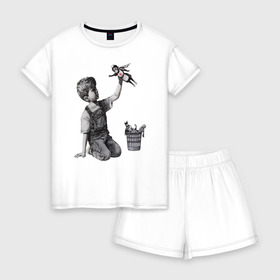 Женская пижама с шортиками хлопок с принтом BANKSY в Ухте, 100% хлопок | футболка прямого кроя, шорты свободные с широкой мягкой резинкой | banksy | medicine | бэнкси | вирус | врачи | доктора | коронавирус | медицина | пандемия | супер герои