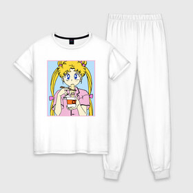 Женская пижама хлопок с принтом Sailor Moon Usagi Tsukino в Ухте, 100% хлопок | брюки и футболка прямого кроя, без карманов, на брюках мягкая резинка на поясе и по низу штанин | anime | kawaii | manga | sailor moon | sailor senshi | usagi tsukino | аниме | воин в матроске | манга | сейлор мун | усаги цукино