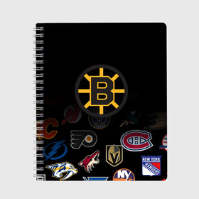 Тетрадь с принтом NHL Boston Bruins (Z) в Ухте, 100% бумага | 48 листов, плотность листов — 60 г/м2, плотность картонной обложки — 250 г/м2. Листы скреплены сбоку удобной пружинной спиралью. Уголки страниц и обложки скругленные. Цвет линий — светло-серый
 | anaheim ducks | arizona coyotes | boston bruins | buffalo sabres | calgary flames | canadiens de montreal | carolina hurricanes | chicago blackhawks | colorado | hockey | nhl | нхл | паттерн | спорт | хоккей