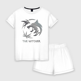 Женская пижама с шортиками хлопок с принтом The Witcher Silver в Ухте, 100% хлопок | футболка прямого кроя, шорты свободные с широкой мягкой резинкой | the witcher | witcher | ведьмак | ведьмак дикая охота | волк | геральд | геральд из ривии | значки | золотой значок | лого | руны | сериал witcher | сериал ведьмак | символика из сериала | сойка