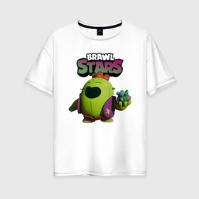 Женская футболка хлопок Oversize с принтом Brawl Stars Spike в Ухте, 100% хлопок | свободный крой, круглый ворот, спущенный рукав, длина до линии бедер
 | brawl spike | brawl stars | spike | spike brawl | бравл кактус | бравл спайк | бравл старс | кактус | робоспайк | спайк | спайк бравл старс