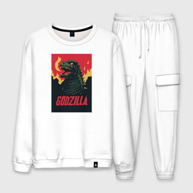 Мужской костюм хлопок с принтом Godzilla в Ухте, 100% хлопок | на свитшоте круглая горловина, мягкая резинка по низу. Брюки заужены к низу, на них два вида карманов: два “обычных” по бокам и два объемных, с клапанами, расположенные ниже линии бедра. Брюки с мягкой трикотажной резинкой на поясе и по низу штанин. В поясе для дополнительного комфорта — широкие завязки | godzilla | годзила | годзилла