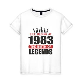 Женская футболка хлопок с принтом 1983 - рождение легенды в Ухте, 100% хлопок | прямой крой, круглый вырез горловины, длина до линии бедер, слегка спущенное плечо | 1983 | best | birthday | born | day | family | happy birthday | legend | star | year | возраст | год | день | день рождения | звезда | именинник | именины | легенда | лучший | месяц | подарок | праздник | ребенок | родители | рождение