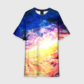 Детское платье 3D с принтом Fallen angel anime art в Ухте, 100% полиэстер | прямой силуэт, чуть расширенный к низу. Круглая горловина, на рукавах — воланы | Тематика изображения на принте: angel | anime | art | fallen | sky | stars | sunset | ангел | аниме | арт | закат | звезды | небо | падший