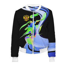 Женский бомбер 3D с принтом Волейбол | Россия в Ухте, 100% полиэстер | застегивается на молнию, по бокам два кармана без застежек, мягкие манжеты, по низу бомбера и на воротнике — эластичная резинка | asics | haikyuu | mizuno | ru | rus | russia | volleyball | аниме | аниме волейбол | волейбол | герб | россии | россия | русь | сборная | сборняк | синяя | спорт | спортивная | форма | хайкю | школьная
