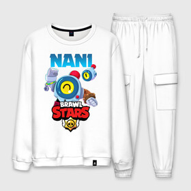 Мужской костюм хлопок с принтом BRAWL STARS NANI в Ухте, 100% хлопок | на свитшоте круглая горловина, мягкая резинка по низу. Брюки заужены к низу, на них два вида карманов: два “обычных” по бокам и два объемных, с клапанами, расположенные ниже линии бедра. Брюки с мягкой трикотажной резинкой на поясе и по низу штанин. В поясе для дополнительного комфорта — широкие завязки | bibi | brawl stars | coach mike | crow | gale | leon | leon shark | max | mecha crow | mortis | mr.p | nani | phoenix | sally leon | sandy | spike | sprout | tara | virus 8 bit | werewolf | ворон | оборотень