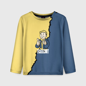 Детский лонгслив 3D с принтом Fallout logo boy в Ухте, 100% полиэстер | длинные рукава, круглый вырез горловины, полуприлегающий силуэт
 | boy | fallout | game | newvegas | nukacola | shelter | апокалипсис | вегас | война | игра | игроман | компьютерные | лого | логотип | логотипигры | наездник | оружие | персонажи | постапокалипсис | свобода | симулятор