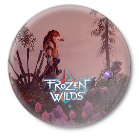 Значок с принтом HORIZON ZERO DAWN в Ухте,  металл | круглая форма, металлическая застежка в виде булавки | aloy | antasy girl | art | artwork | digital art | fantasy | horizon | horizon: zero dawn | landscape | tallneck | warrior fantasy | weapon | zero dawn