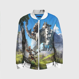 Детский бомбер 3D с принтом HORIZON ZERO DAWN в Ухте, 100% полиэстер | застегивается на молнию, по бокам два кармана без застежек, мягкие манжеты, по низу бомбера и на воротнике — эластичная резинка | Тематика изображения на принте: aloy | antasy girl | art | artwork | digital art | fantasy | horizon | horizon: zero dawn | landscape | tallneck | warrior fantasy | weapon | zero dawn
