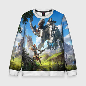 Детский свитшот 3D с принтом HORIZON ZERO DAWN в Ухте, 100% полиэстер | свободная посадка, прямой крой, мягкая тканевая резинка на рукавах и понизу свитшота | aloy | antasy girl | art | artwork | digital art | fantasy | horizon | horizon: zero dawn | landscape | tallneck | warrior fantasy | weapon | zero dawn